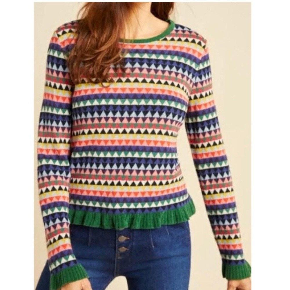 Aldomartins Anthropologie Geometric Knit Sweater Wool Blend Retro Preppy L New